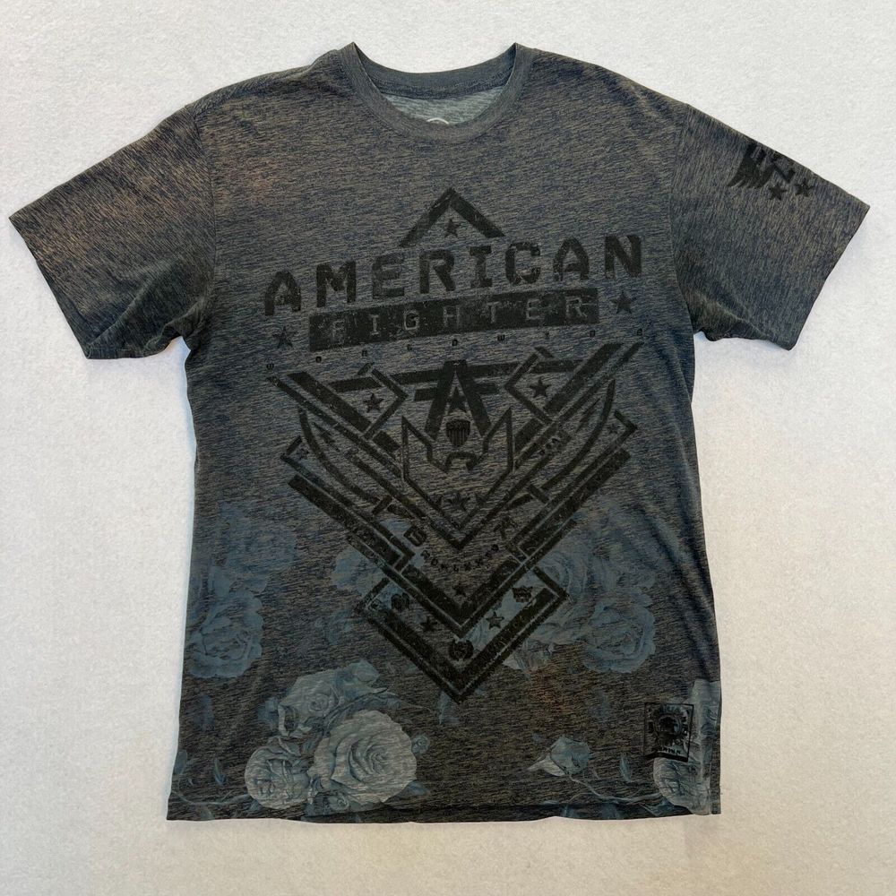 Mens American Fighter Graphic Heather Blue Short Sleeve Tee T-Shirt Size Medium